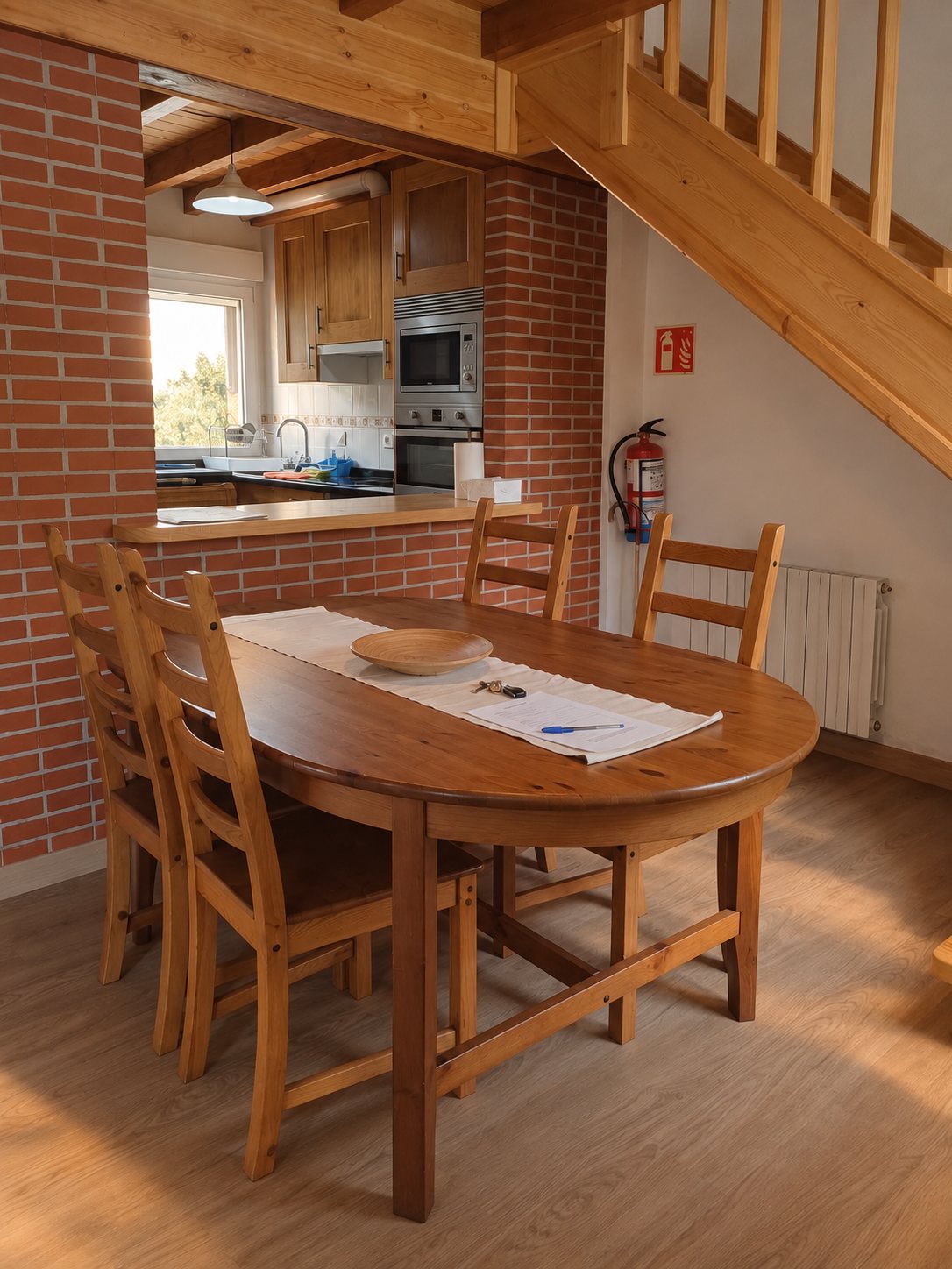 Comedor de la casa rural con mesa de madera y escalera a la buhardilla